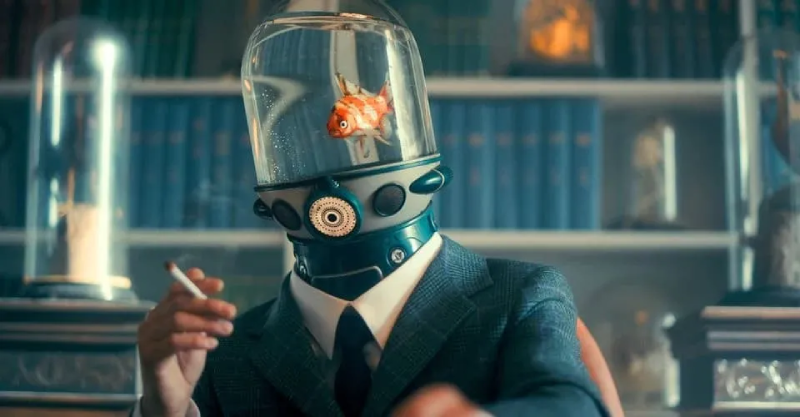 A person in a business suit with a goldfish bowl for a head, containing a live goldfish, holds a smoking cigarette against a background of bookshelves.