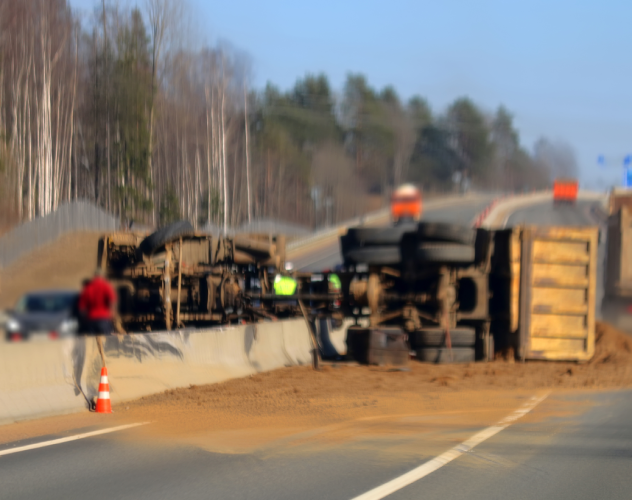 Traffic accident on the highway. The dump truck broke through the motorway barrier and overturned, dirty bottom of the truck