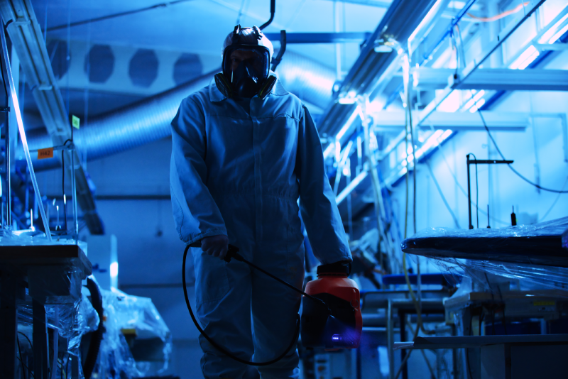 Coronavirus Quarantine. Disinfection and decontamination on a public place and factory as a prevention against Coronavirus disease 2019, COVID-19.