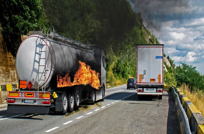 Fuel truck in flames. The fuel tank caught fire