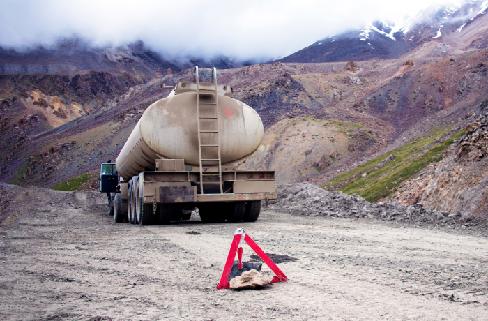 a fuel truck broke down in the mountains. emergency sign