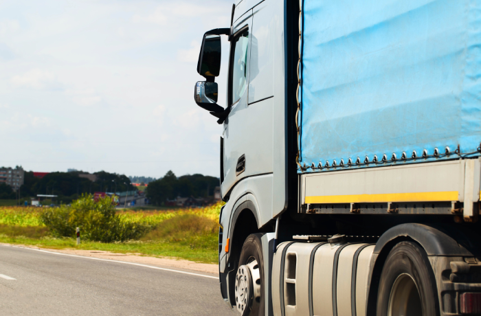 A truck with a blue tilt semi-trailer transports cargo along the road in summer.